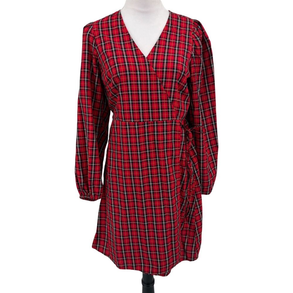 NWT Old Navy Wrap Dress Women L Red Plaid V-Neck Long Sleeve  Tartan Holiday